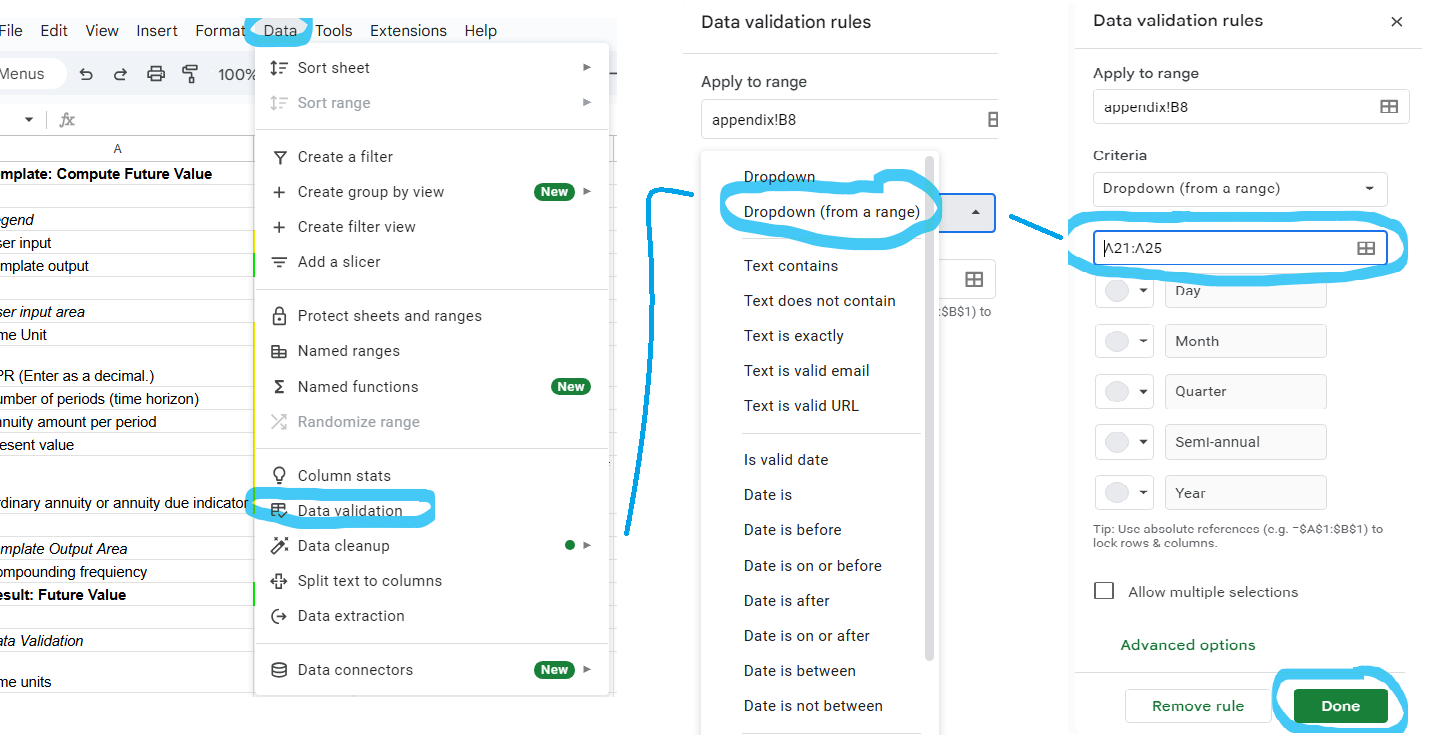 A set of menus showing how to create an input cell with drop down options.