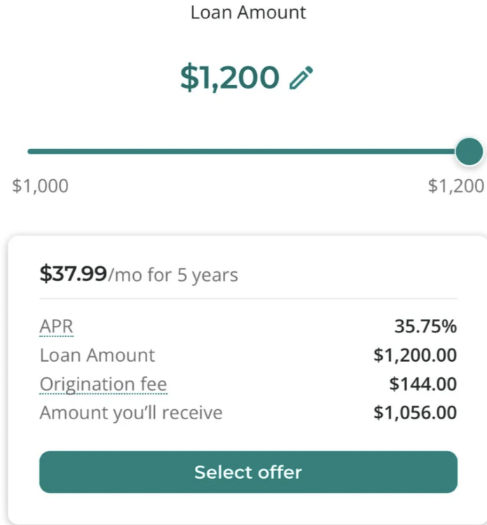 An image showing the terms of a personal loan from an online lender.