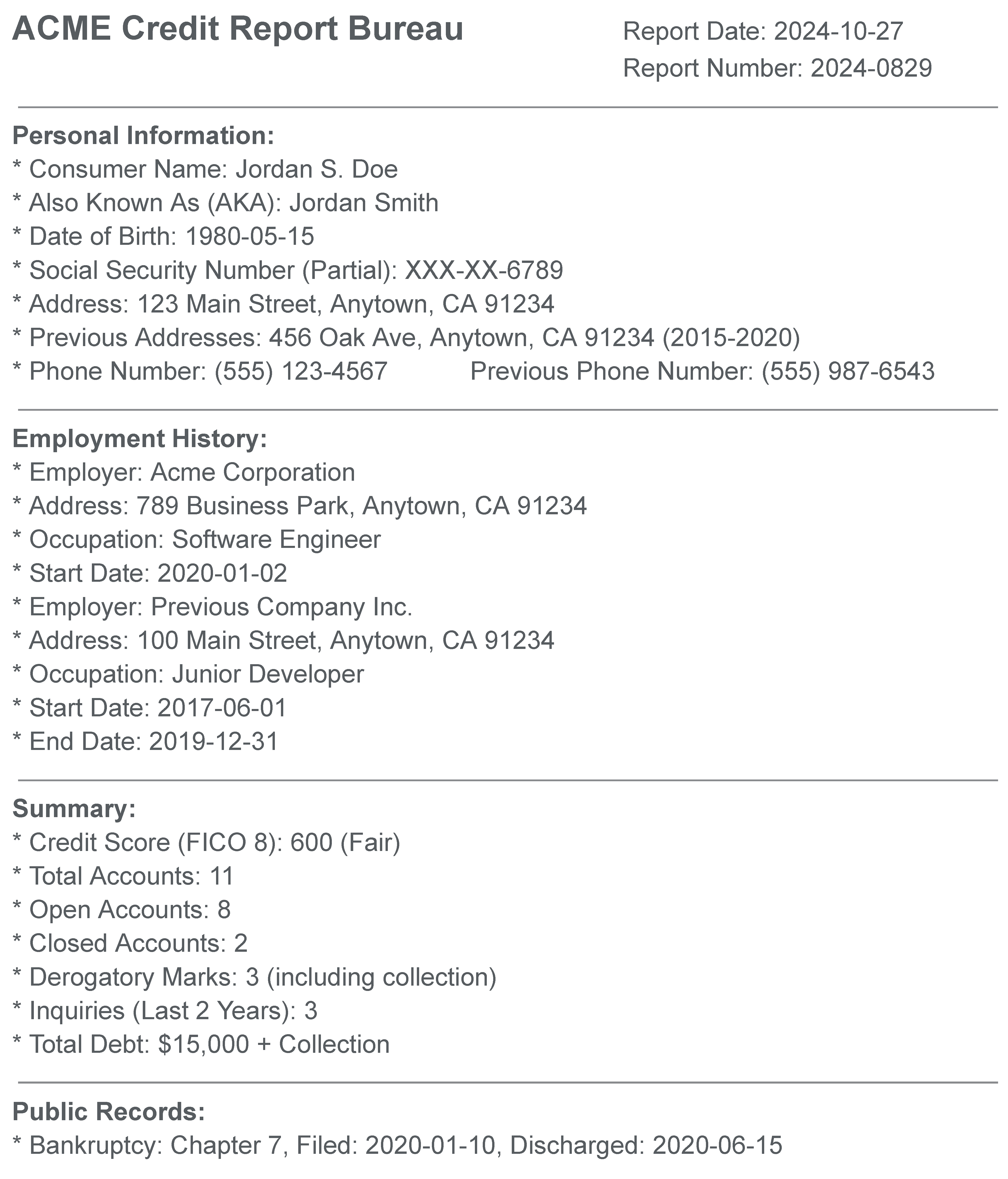 The personal information section of a sample credit report.
