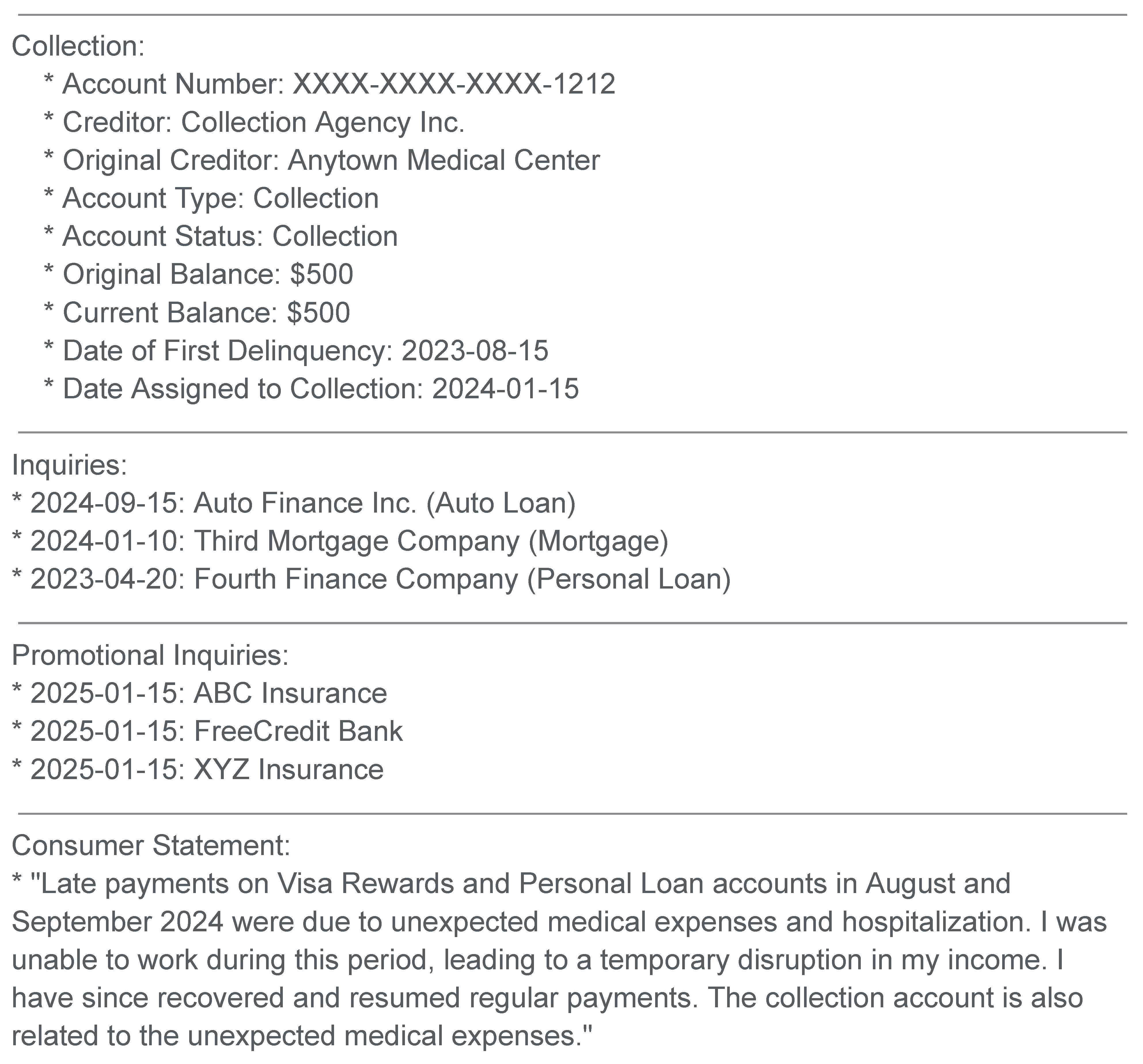 The inquiries, collection, personal statement section of a sample credit report.
