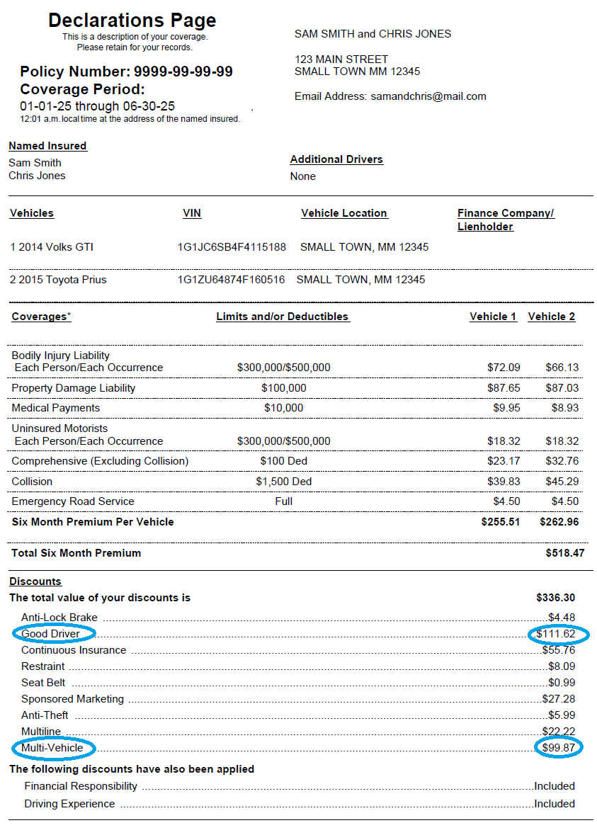 An image of an auto insurance declaration page.