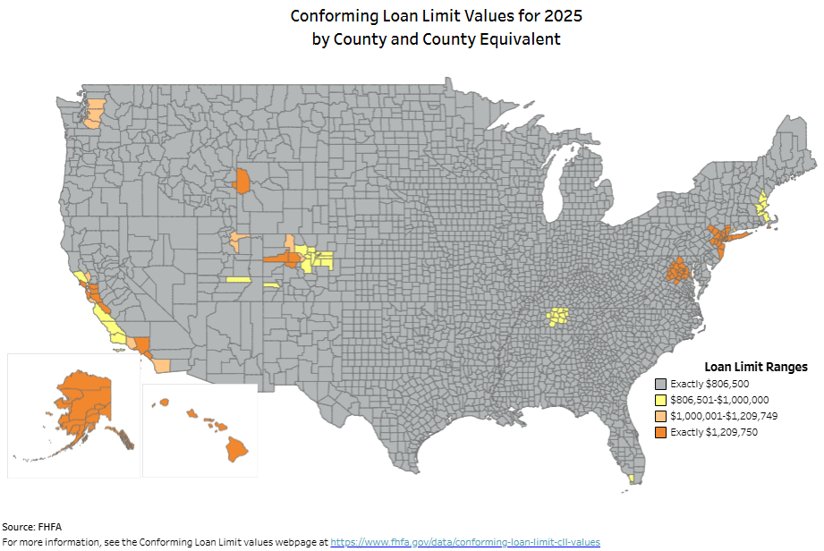 A map of the U.S. showing conforming loan limits in different areas.